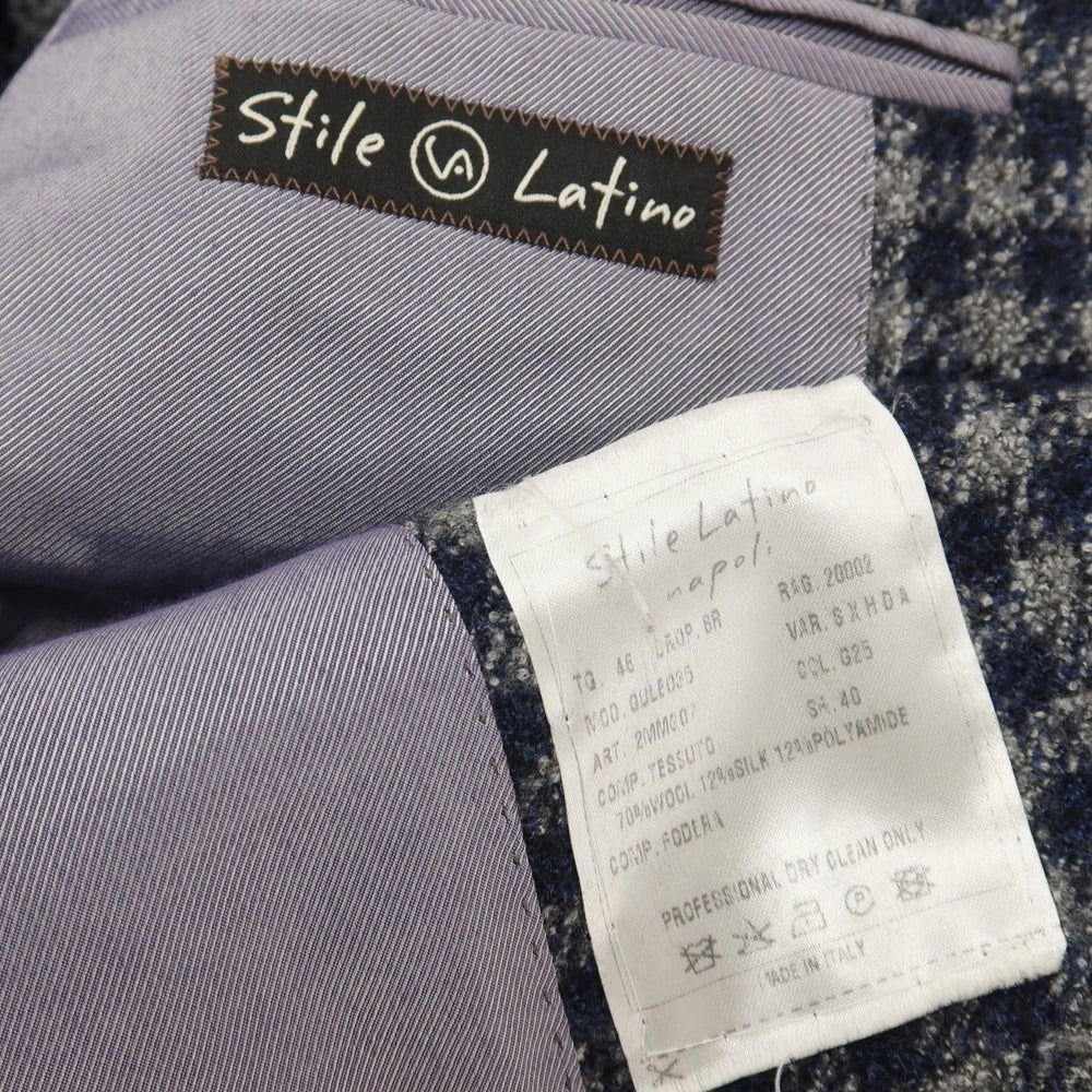 【中古】スティレ ラティーノ STILE LATINO ウールシルクナイロンリネン チェック 3B テーラードジャケット ネイビーxライトグレー【サイズ46】【 状態ランクB 】【 メンズ 】