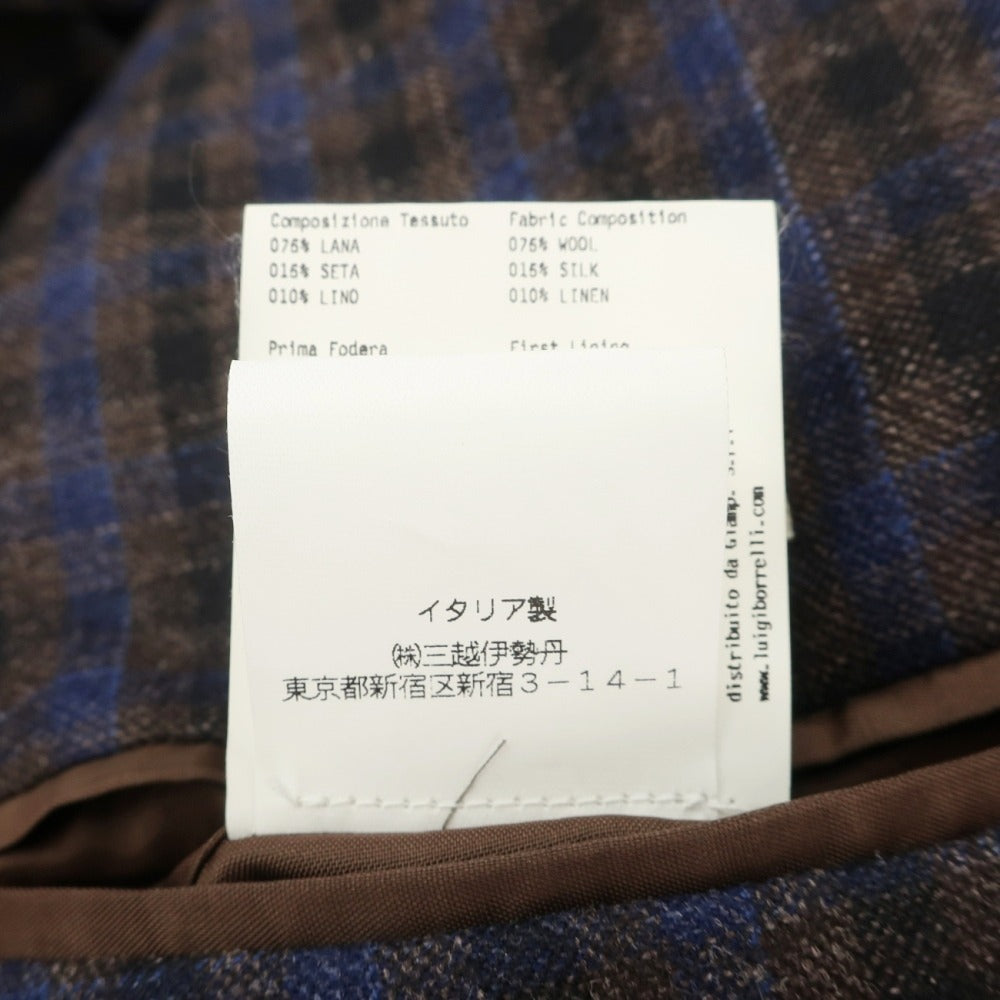 【中古】ルイジ ボレッリ Luigi Borrelli ウールシルクリネン チェック 3B テーラードジャケット ブラウンxネイビー【サイズ48】【 状態ランクC 】【 メンズ 】
