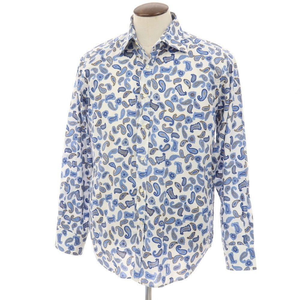 【中古】エトロ ETRO コットン ペイズリー プリント レギュラーカラー カジュアルシャツ ホワイトxブルー【サイズL】【 状態ランクC 】【 メンズ 】