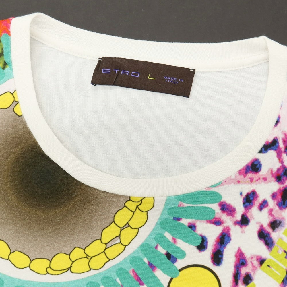 【中古】エトロ ETRO コットン クルーネック 半袖Tシャツ ホワイトxマルチカラー【サイズL】【 状態ランクB 】【 メンズ 】