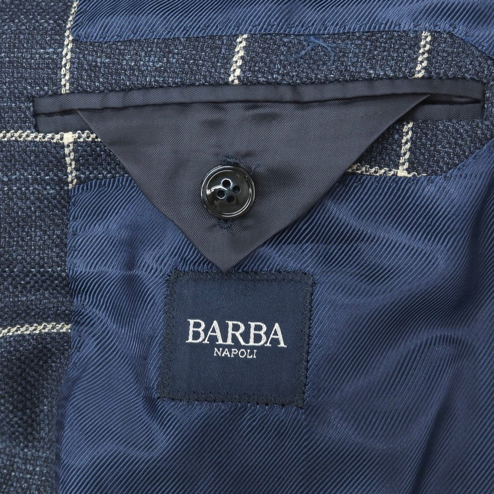【中古】バルバ BARBA ウールシルクリネン ウィンドウペーンチェック 3B テーラードジャケット ネイビー【サイズ52】【 状態ランクB 】【 メンズ 】