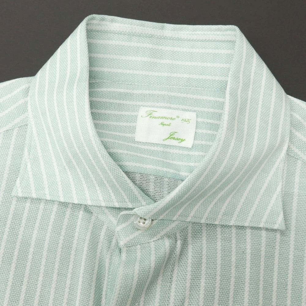 【中古】フィナモレ Finamore jersey コットン ストライプ ワイドカラー カジュアルシャツ グリーンxホワイト【サイズL】【 状態ランクB 】【 メンズ 】