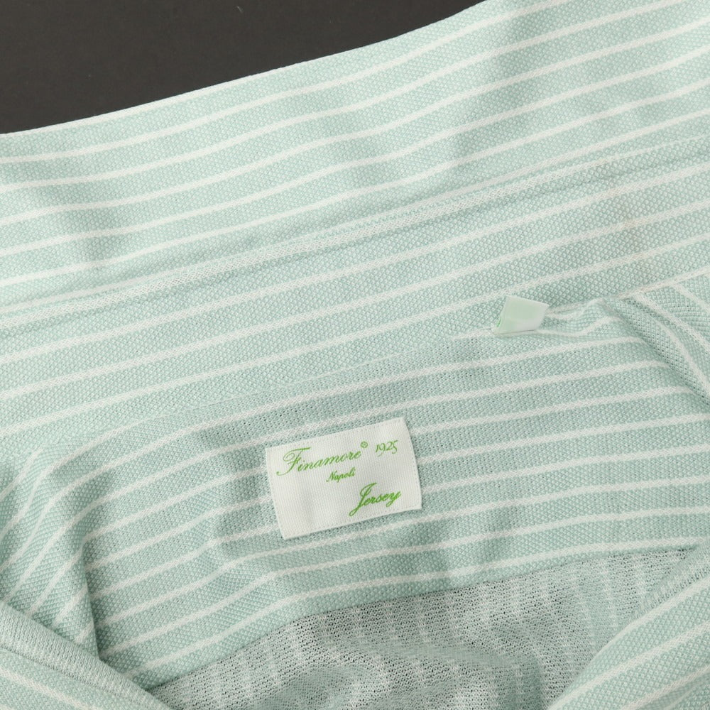 【中古】フィナモレ Finamore jersey コットン ストライプ ワイドカラー カジュアルシャツ グリーンxホワイト【サイズL】【 状態ランクB 】【 メンズ 】