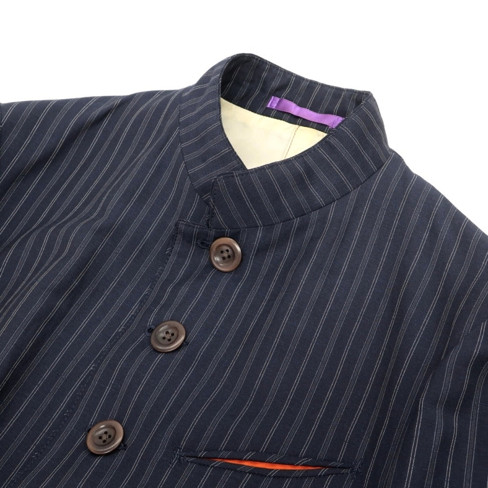 【中古】ポールスミスコレクション PAUL SMITH COLLECTION ウールリネン ストライプ 6B マオカラージャケット グレイッシュネイビーxホワイト【サイズM】【 状態ランクC 】【 メンズ 】