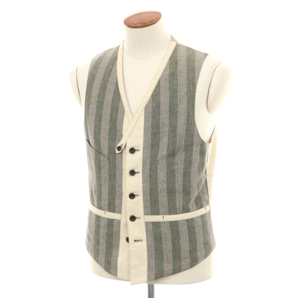 【中古】ポールスミスコレクション PAUL SMITH COLLECTION リネン ストライプ カジュアル系ジレ ベスト グレーxグリーン【サイズL】【 状態ランクB 】【 メンズ 】