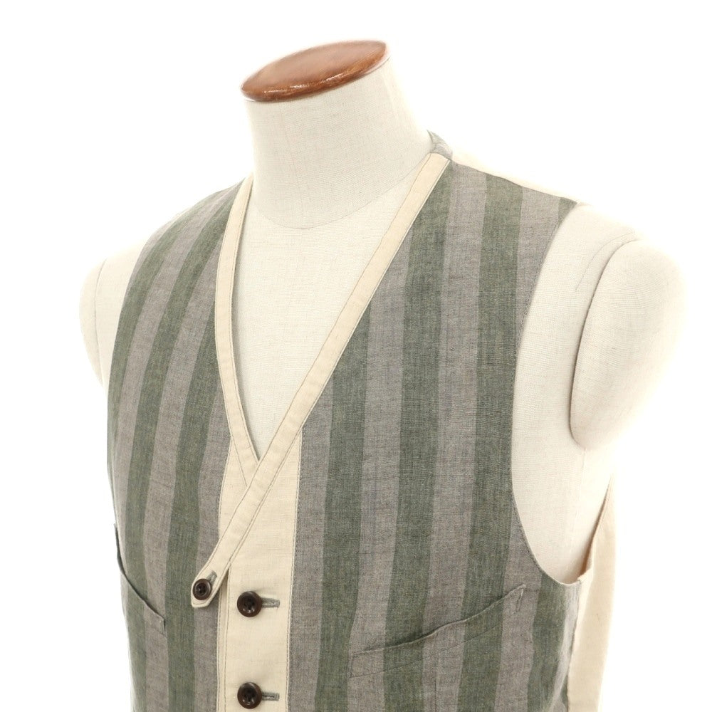 【中古】ポールスミスコレクション PAUL SMITH COLLECTION リネン ストライプ カジュアル系ジレ ベスト グレーxグリーン【サイズL】【 状態ランクB 】【 メンズ 】