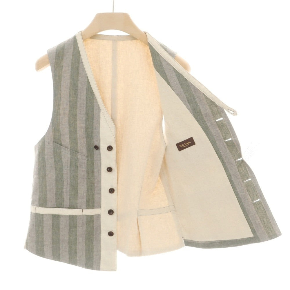 【中古】ポールスミスコレクション PAUL SMITH COLLECTION リネン ストライプ カジュアル系ジレ ベスト グレーxグリーン【サイズL】【 状態ランクB 】【 メンズ 】