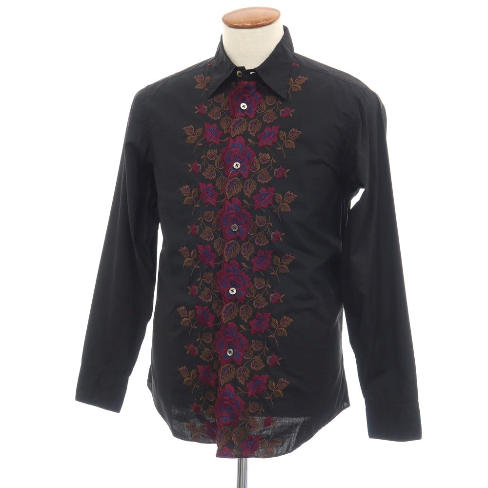 【中古】ポールスミスコレクション PAUL SMITH COLLECTION コットン 花柄 刺しゅう レギュラーカラー カジュアルシャツ ブラック【サイズM】【 状態ランクC 】【 メンズ 】