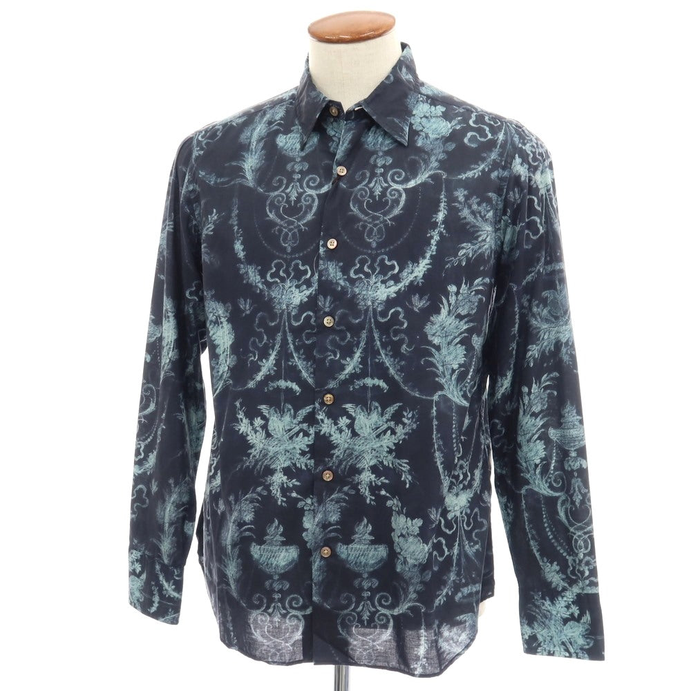【中古】ポールスミスコレクション PAUL SMITH COLLECTION コットン 総柄 プリント レギュラーカラー カジュアルシャツ ネイビーxライトブルー【サイズM】【 状態ランクB 】【 メンズ 】