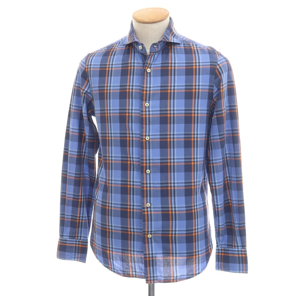 【中古】ギローバー GUY ROVER BARNEYS NEW YORK別注 コットン チェック ホリゾンタルカラー カジュアルシャツ ブルー系xオレンジ【サイズS】【 状態ランクC 】【 メンズ 】