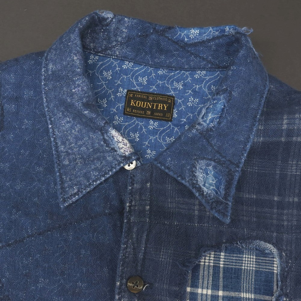 【中古】キャピタル KAPITAL リネンコットン ボロ パッチワーク オープンカラー 半袖シャツ ライトネイビー【サイズ5(XXL)】【 状態ランクB 】【 メンズ 】
