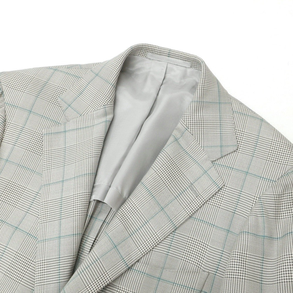 【中古】リングヂャケット RING JACKET MEISTER ウールシルクポリエステル チェック 3つボタンスーツ ライトグレーxグリーン【サイズ44】【 状態ランクB 】【 メンズ 】