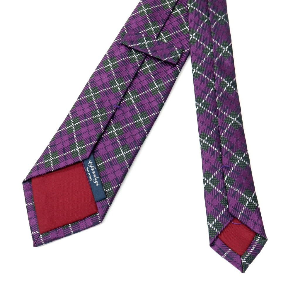 【新品】ステファノ ビジ stefano bigi シルク ジャカード チェック柄ネクタイ パープルxグリーン【 状態ランクN 】【 メンズ 】