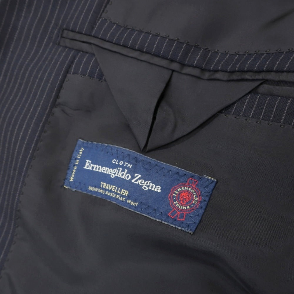 【中古】シップス SHIPS RING JACKET製 ウール ストライプ 3つボタンスーツ ネイビーxホワイト【サイズ48】【 状態ランクB 】【 メンズ 】