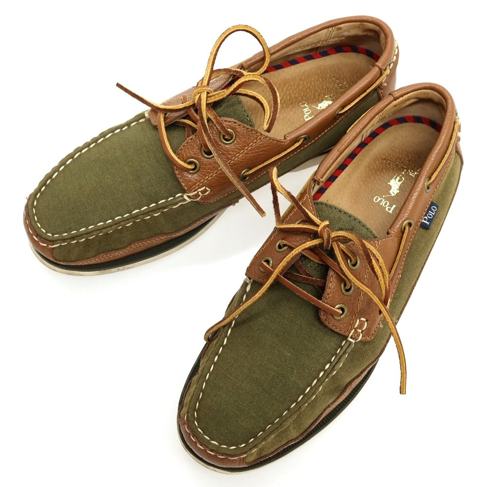 【中古】ポロ ラルフローレン Polo Ralph Lauren キャンバス レザー デッキシューズ オリーブグリーンxブラウン【サイズ27】【 状態ランクC 】【 メンズ 】