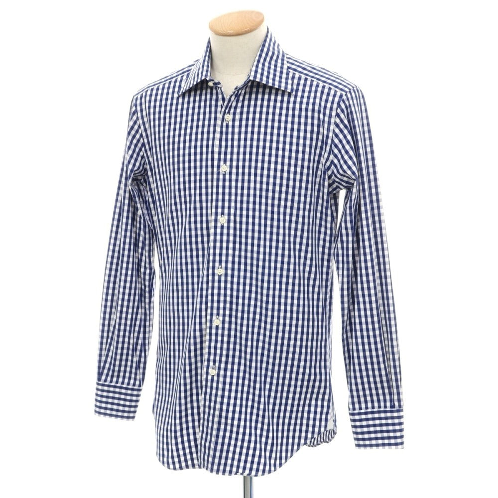 【中古】アザブテーラー azabu tailor コットン ギンガムチェック セミワイドカラー ドレスシャツ ブルーネイビーxホワイト【サイズ表記なし(S位)】【 状態ランクB 】【 メンズ 】