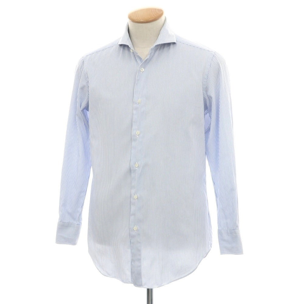【中古】メイカーズシャツ カマクラ Makers Shirt 鎌倉 コットン ストライプ ホリゾンタルカラー ドレスシャツ ホワイトxブルー【サイズ38】【 状態ランクC 】【 メンズ 】