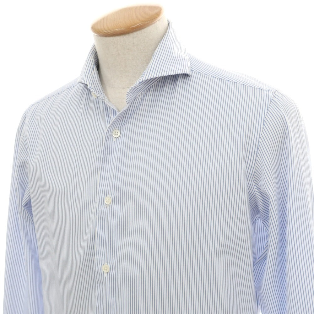 【中古】メイカーズシャツ カマクラ Makers Shirt 鎌倉 コットン ストライプ ホリゾンタルカラー ドレスシャツ ホワイトxブルー【サイズ38】【 状態ランクC 】【 メンズ 】