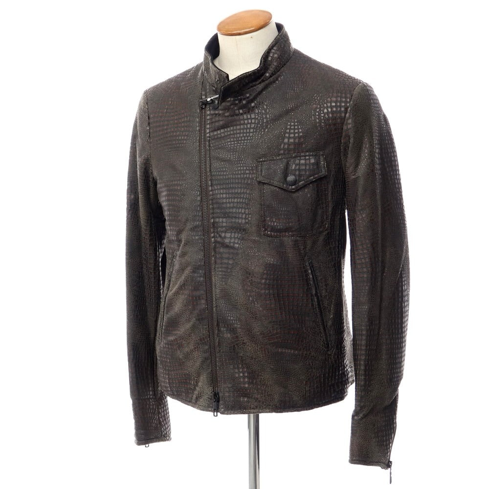 【中古】ジョルジオアルマーニ GIORGIO ARMANI フェイクレザー クロコ調 ライダース ジャケット ブラックxブラウン系【サイズ4