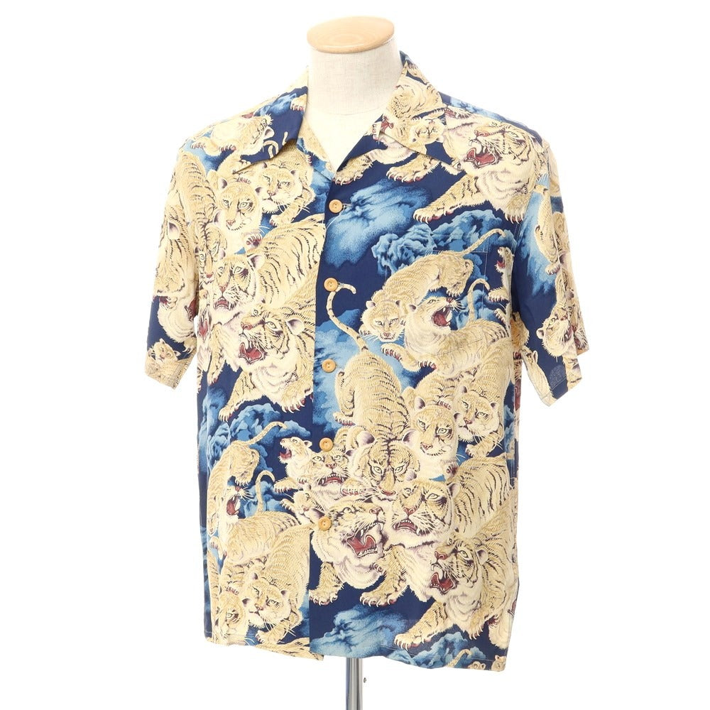 【中古】サンサーフ SUN SURF 百虎 THE WARDROBE LTD 半袖シャツ ネイビーxベージュ【サイズS】【NVY】【S/S】