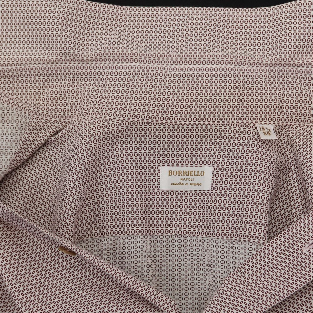 【中古】ボリエッロ BORRIELLO ストレッチコットン ワイドカラー カジュアルシャツ ホワイトxブラウンボルドー【サイズ39】【WHT】【S/S/A/W】【状態ランクB】【メンズ】【769377】