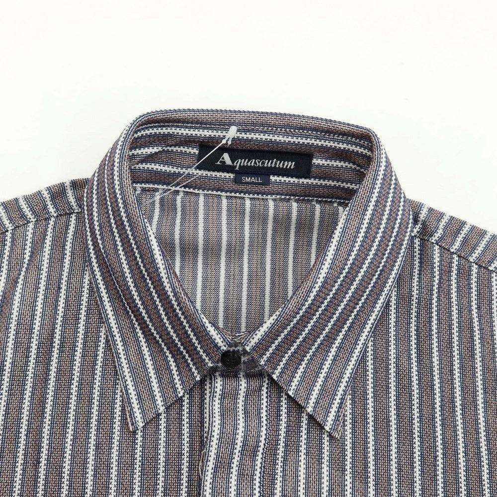 【中古】【未使用】アクアスキュータム Aquascutum コットン ストライプ 長袖ポロシャツ ブラウンxネイビー【サイズS】【BRW】【S/S/A/W】【状態ランクS】【メンズ】【769369】