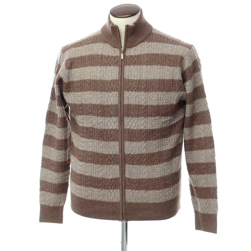 【中古】【未使用】アクアスキュータム Aquascutum ウール ケーブル編み スタンドカラーカーディガン ブラウンxウォームグレー【サイズL】【BRW】【A/W】【状態ランクS】【メンズ】【769078】