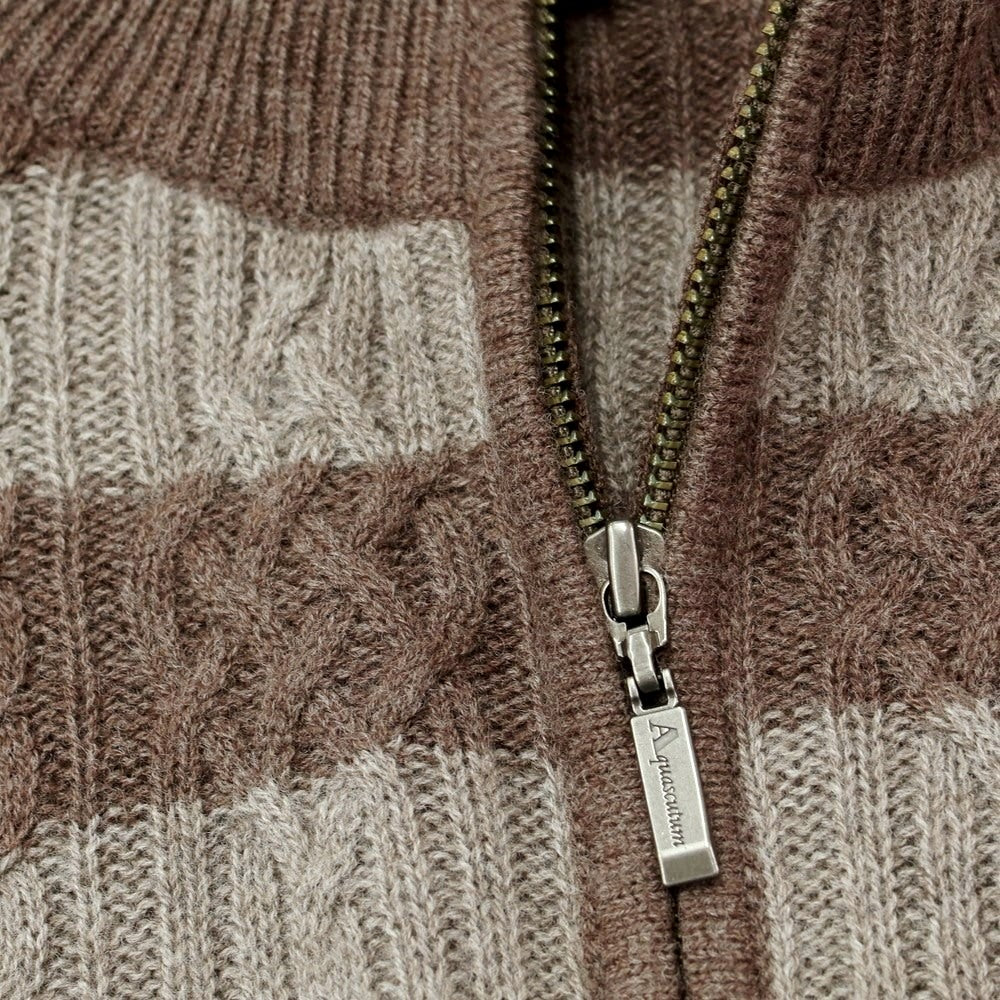 【中古】【未使用】アクアスキュータム Aquascutum ウール ケーブル編み スタンドカラーカーディガン ブラウンxウォームグレー【サイズL】【BRW】【A/W】【状態ランクS】【メンズ】【769078】