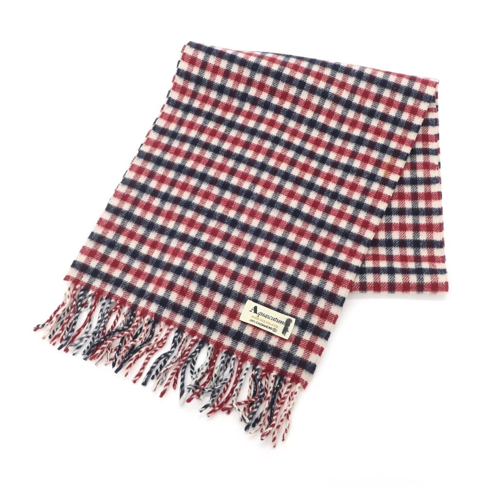 【中古】アクアスキュータム Aquascutum カシミヤ チェック フリンジマフラー ネイビーxレッド【NVY】【A/W】【状態ランクC】【メンズ】【769078】