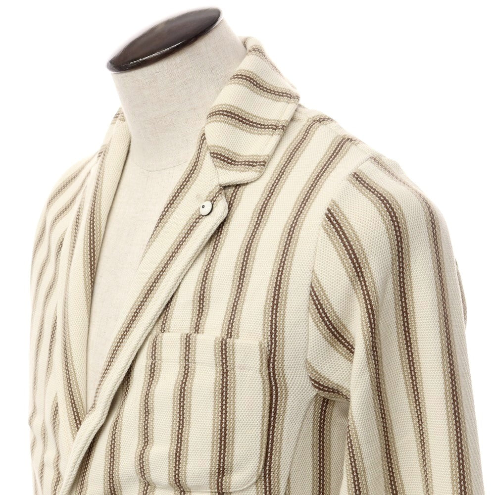 【新品】エルビーエム1911 L.B.M.1911 ミドルゲージコットン ストライプ ニットジャケット アイボリーxベージュ【サイズ50】【WHT】【S/S】【状態ランクN】【メンズ】【769282】