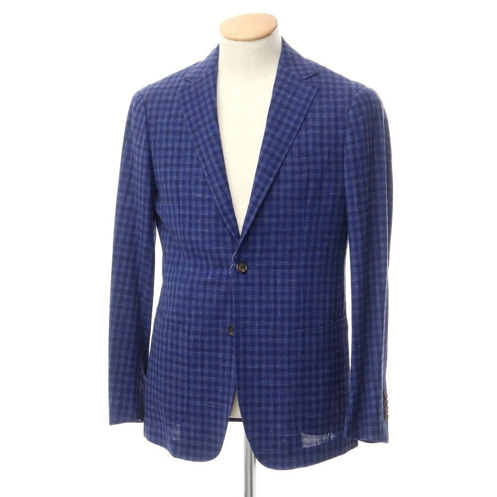 【中古】リングヂャケット リングジャケット RING JACKET ウールリネン チェック 3B テーラードジャケット ネイビー【サイズ44