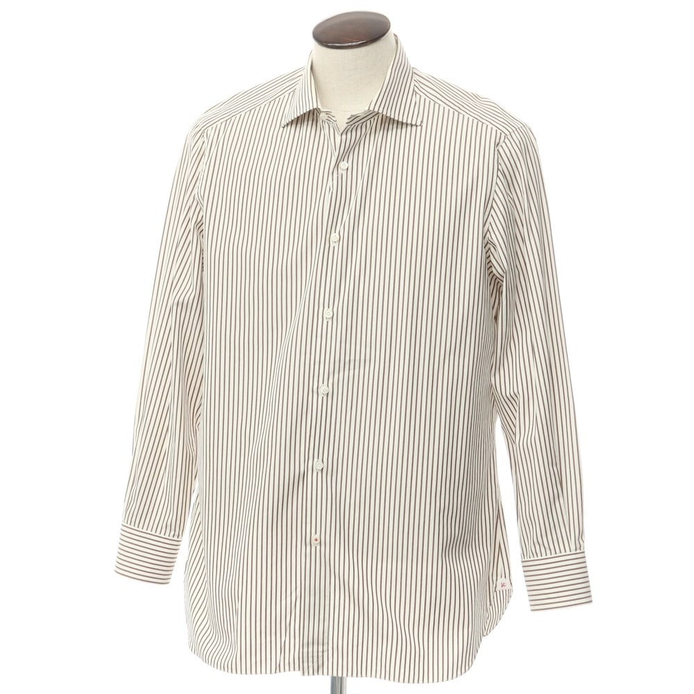 【中古】イザイア ISAIA コットン ストライプ ワイドカラー ドレスシャツ ホワイトxブラウン【サイズ43】【WHT】【S/S/A/W】