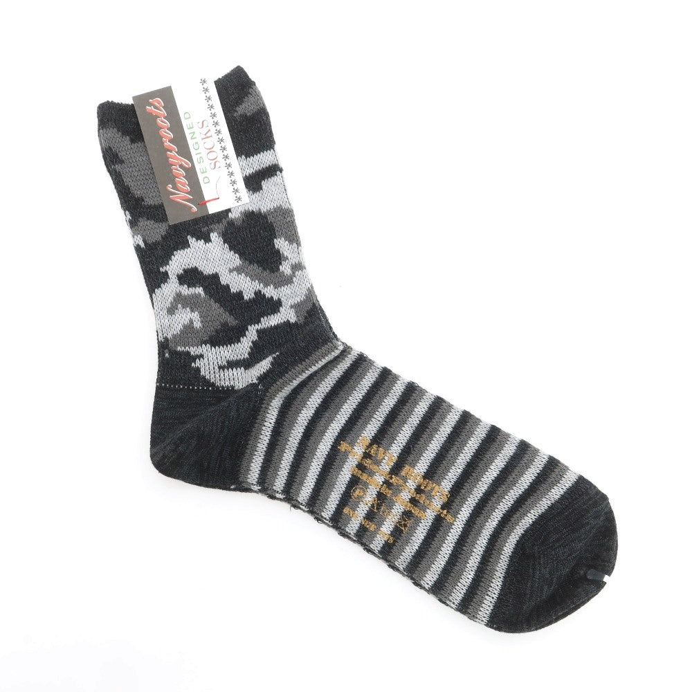 【新品】ネイビールーツ NAVY ROOTS カモフラージュ×ボーダー コットンアクリル ソックス チャコールxグレー【 25-27cm 】【 状態ランクN 】【 メンズ 】