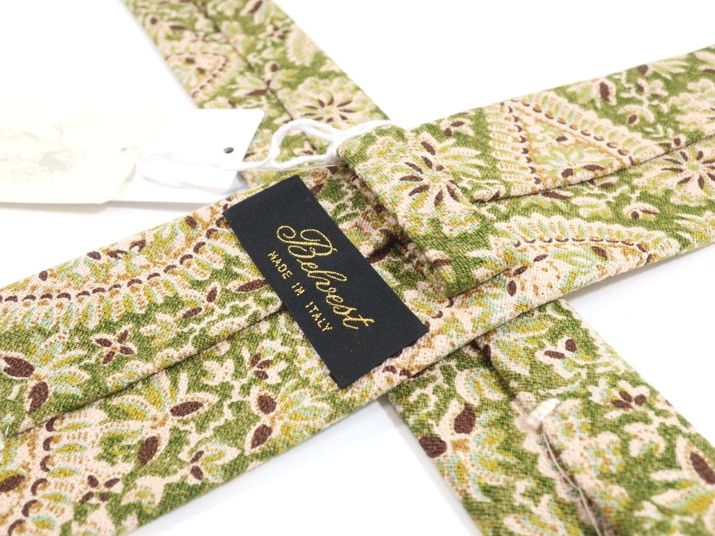 [New] Belvest Paisley Pattern Sfoderata Cotton Necktie Moss Green x Beige x Brown [GRN] [S/S] [Condition Rank N] [Men&