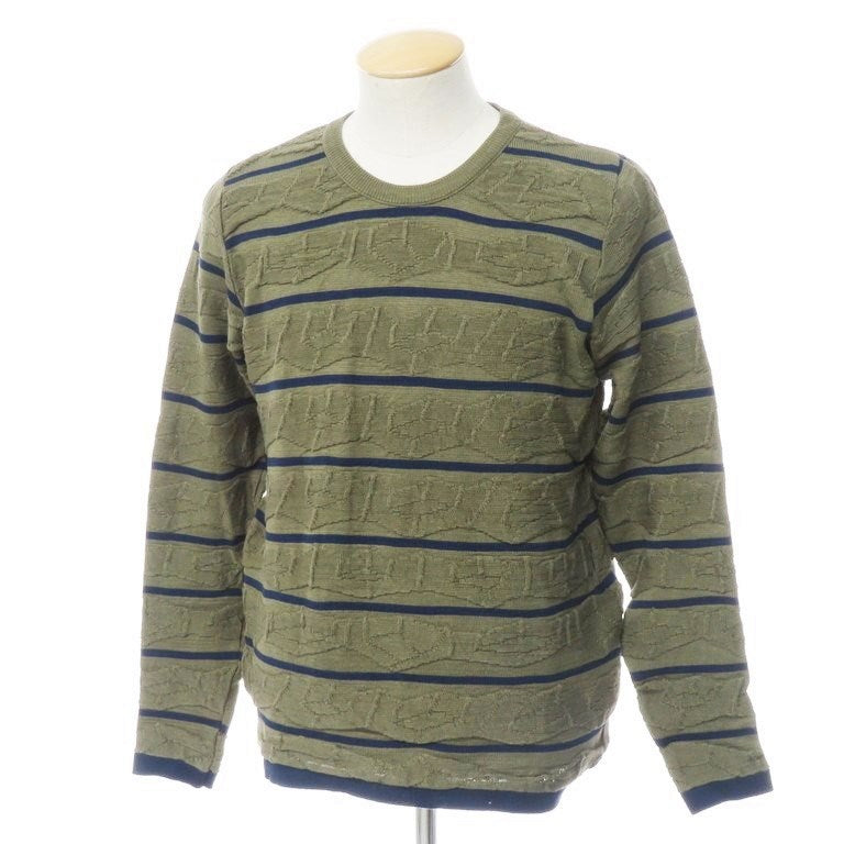 [Used] SNSHERNING Mercerized Cotton Striped Crew Neck Knit, Olive x Navy [Size S] [GRN] [S/S] [Condition Rank B] [Men&