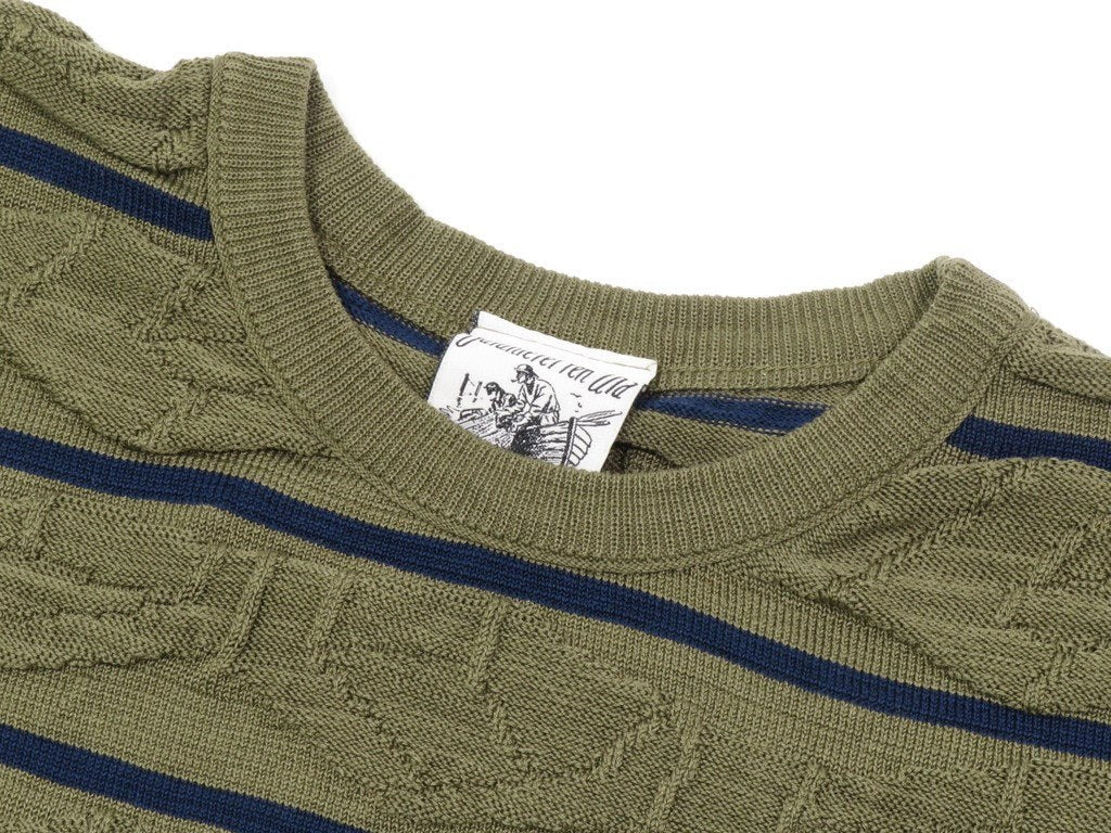 [Used] SNSHERNING Mercerized Cotton Striped Crew Neck Knit, Olive x Navy [Size S] [GRN] [S/S] [Condition Rank B] [Men&