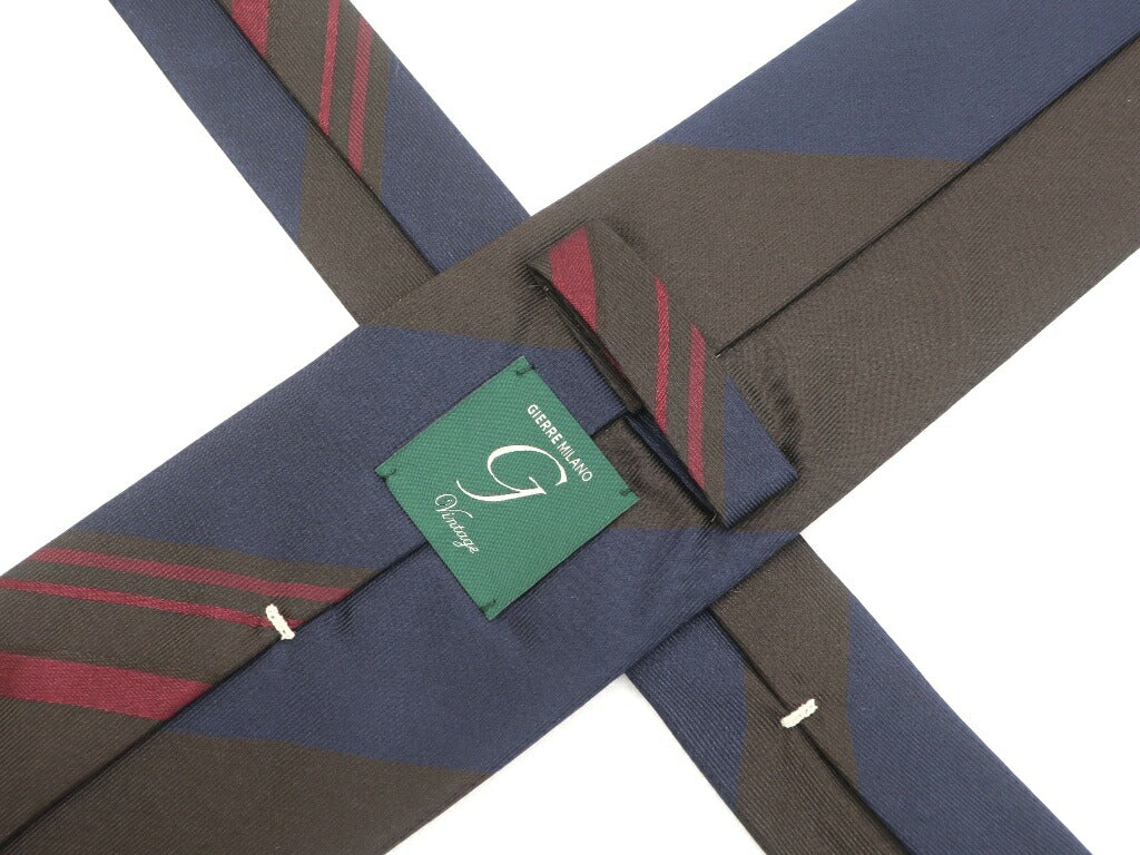 [New Outlet] GIERRE MILANO 3-fold panel stripe silk tie, dark brown x navy [BRW] [S/S/A/W] [Condition Rank N-] [Men&