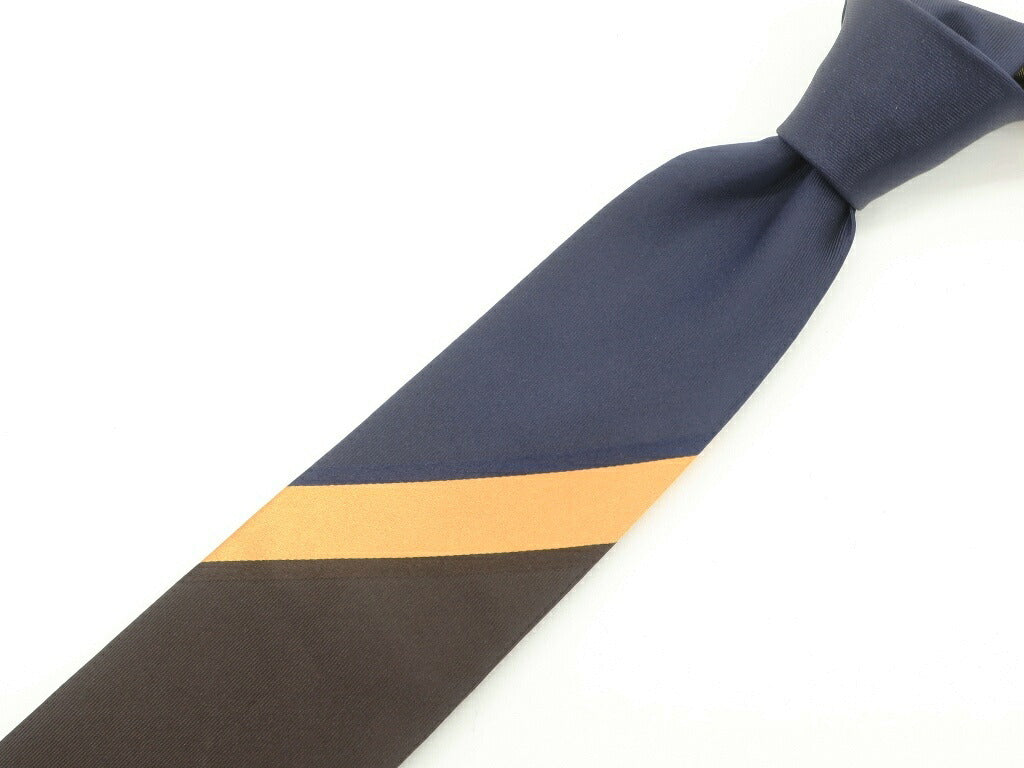 [New Outlet] GIERRE MILANO 3-fold panel stripe silk tie, navy x dark brown [NVY] [S/S/A/W] [Condition Rank N-] [Men&