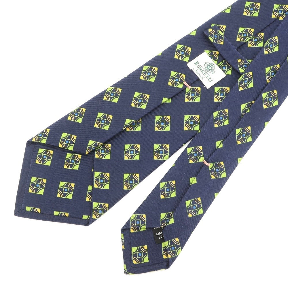 [Used] Luigi Borrelli Small Pattern Print Tri-Fold Tie Navy x Green [NVY] [S/S/A/W] [Condition Rank B] [Men&