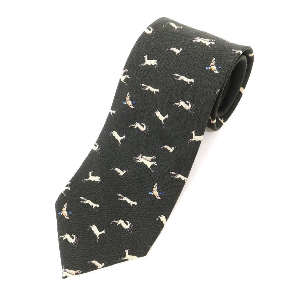 [New] GIERRE Animal Pattern Panel Print Tri-Fold Wool Silk Tie Dark Green [GRN] [A/W] [Condition Rank N] [Men&