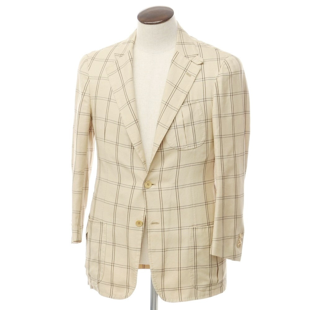 [Used] La vera Sartoria Napoletana Linen Silk Check Tailored Jacket Beige x Dark Brown [48] [Condition Rank C] [Men&