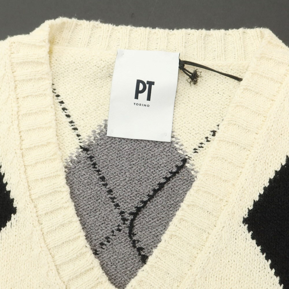 [New] PT TORINO Cotton Nylon Argyle V-neck Knit Vest Ivory [48] [Condition Rank N] [Men&