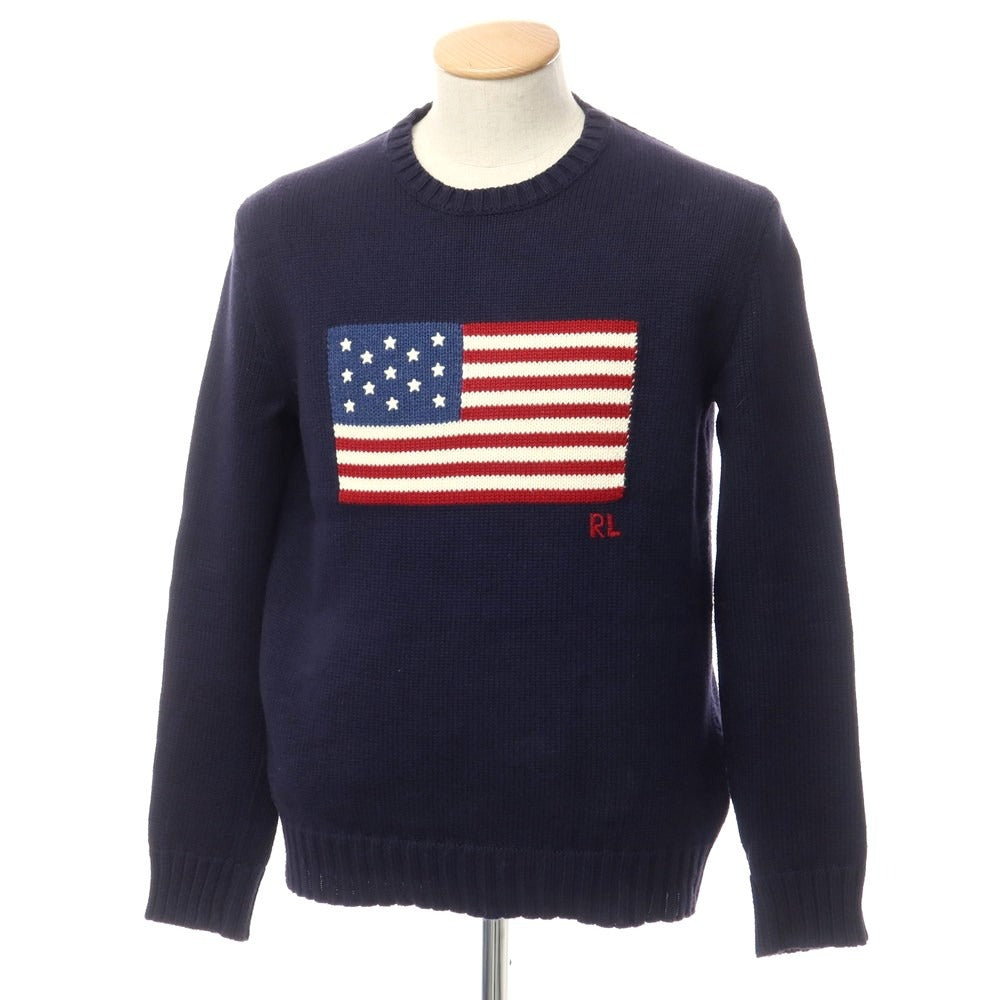 [Used] Polo Ralph Lauren mid-gauge cotton Stars and Stripes crew neck knit, navy [XS] [Condition: C] [Men&