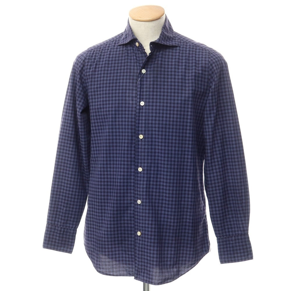 [Used] Finamore Cotton Check Horizontal Collar Casual Shirt Navy [S] [Condition Rank C] [Men&