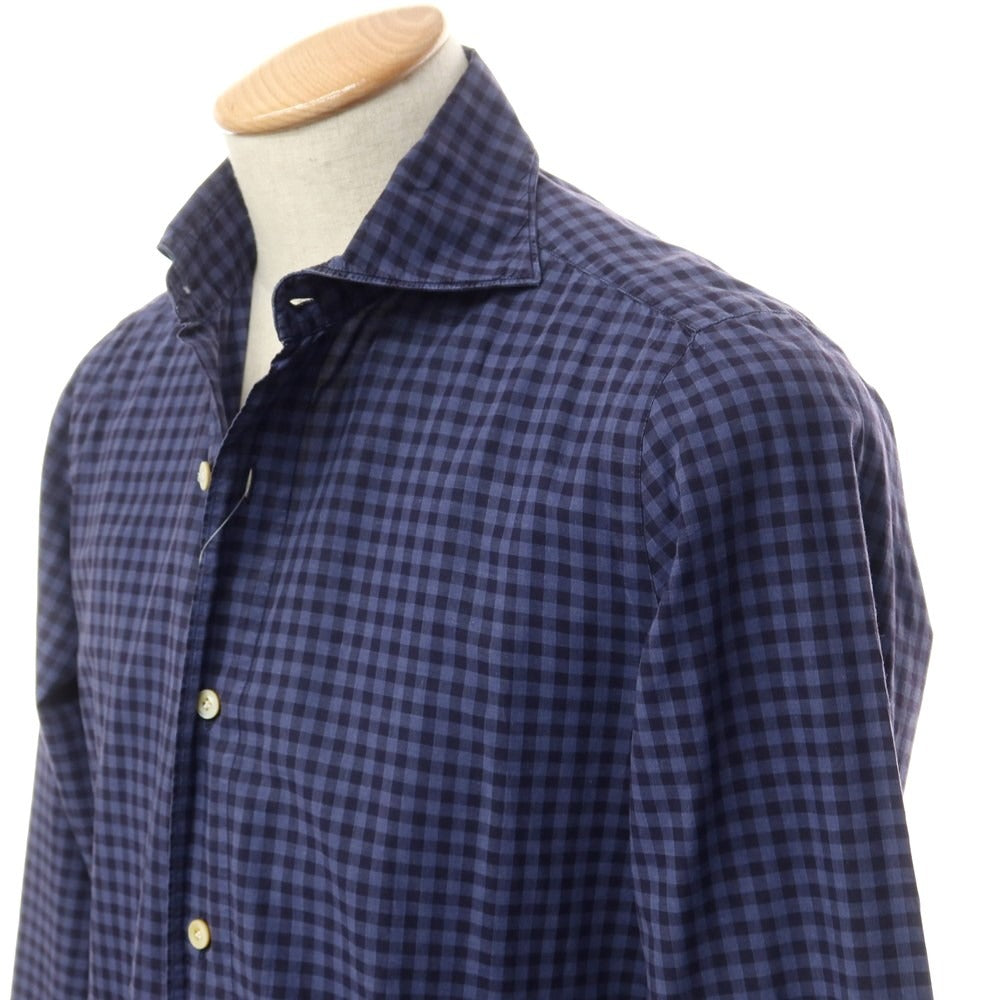 [Used] Finamore Cotton Check Horizontal Collar Casual Shirt Navy [S] [Condition Rank C] [Men&