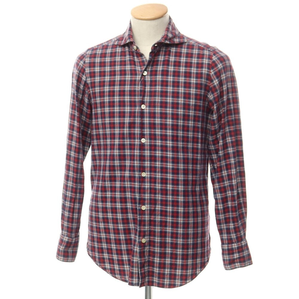 [Used] Finamore Cotton Check Horizontal Collar Casual Shirt Red x Navy [S] [Condition Rank C] [Men&