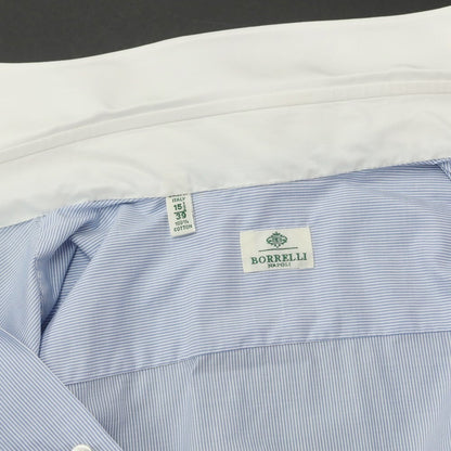 [Used] Luigi Borrelli Cotton Semi-wide Collar Double Cuff Dress Shirt Blue x White [39] [Condition Rank B] [Men&