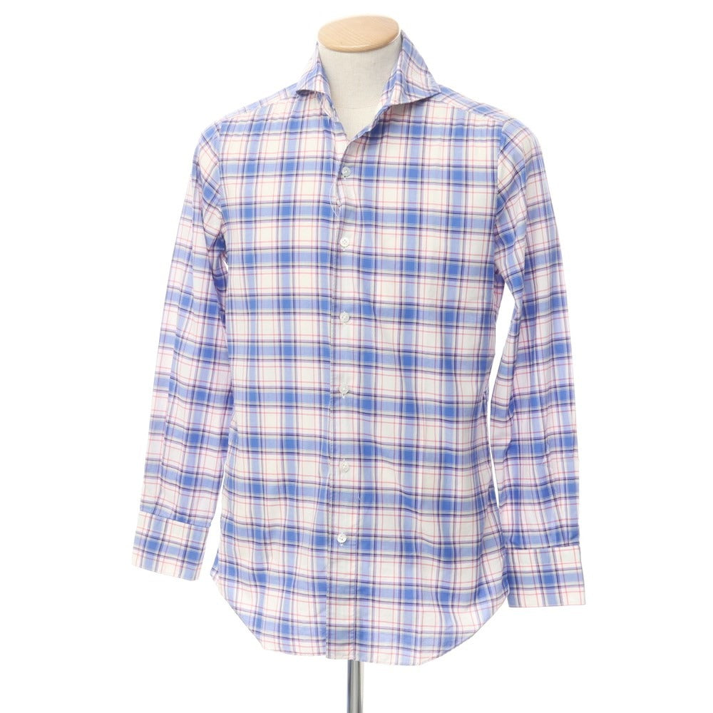 [Used] Finamore Cotton Check Horizontal Collar Casual Shirt Blue x White [S] [Condition Rank B] [Men&