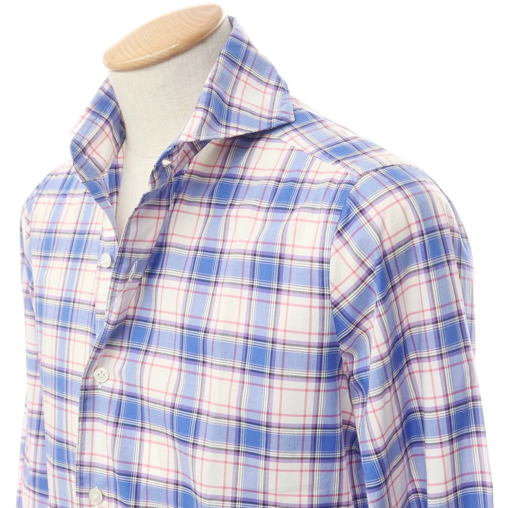 [Used] Finamore Cotton Check Horizontal Collar Casual Shirt Blue x White [S] [Condition Rank B] [Men&