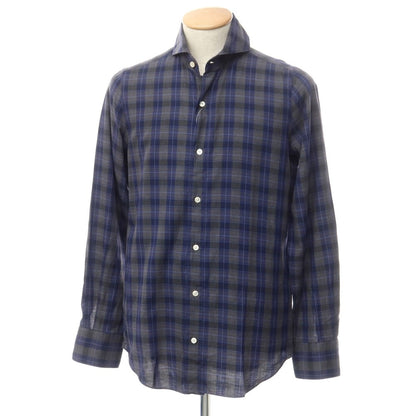 [Used] Finamore Cotton Check Horizontal Collar Casual Shirt Gray x Navy [S] [Condition Rank B] [Men&